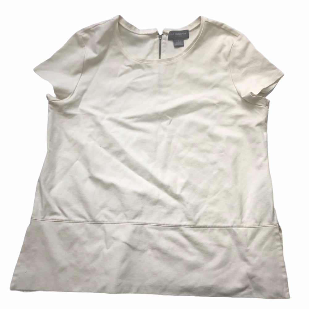 Liz Claiborne Women's Large Cream Short Sleeved Peblum Hem Top Blouse